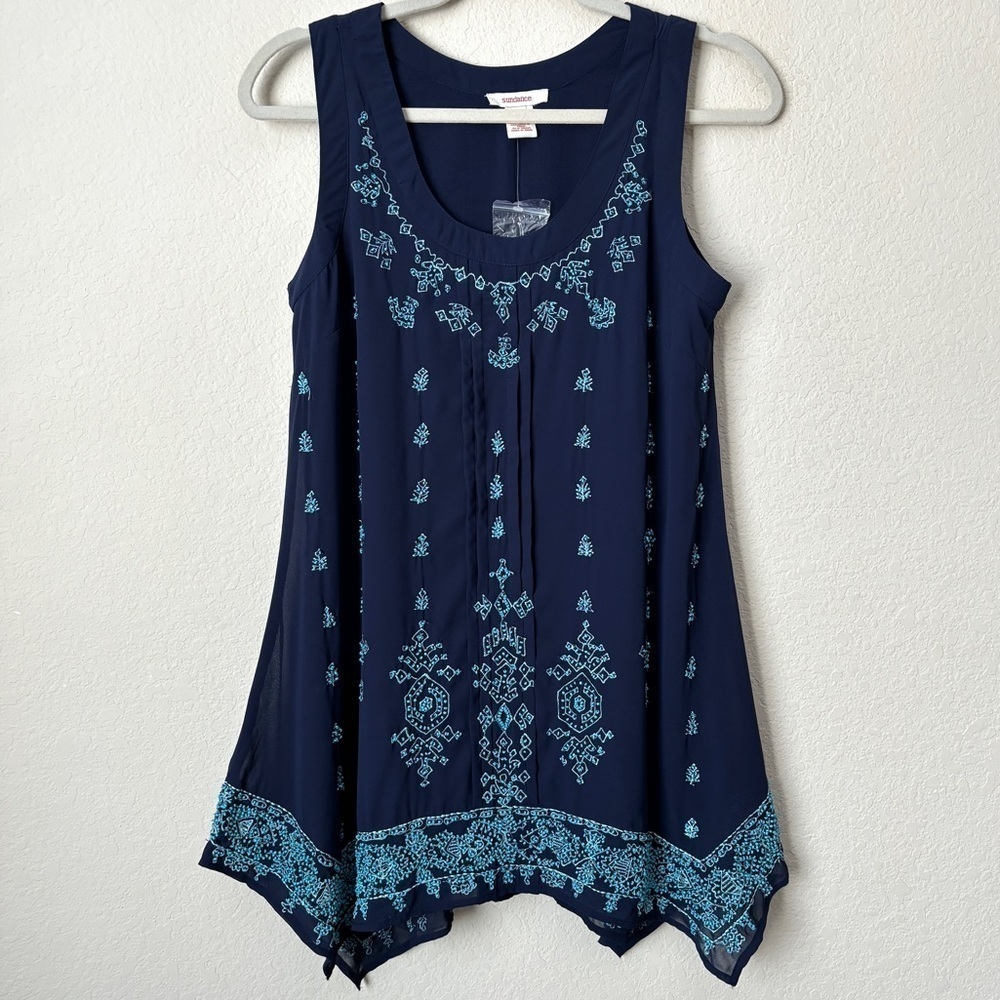 Sundance Beaded Embroidered Handkerchief Hemline Boho Artsy Tunic Tank Blouse